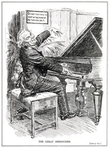 Tecknad film om LLoyd George som den store improvisatören eller ledare för Improvisa-Tories, juni 1920 av English School