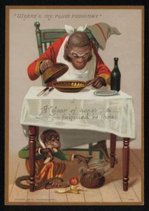 Tecknad film av apor och en plommonpudding, hälsningskort för nyår. (chromolitho) av English School