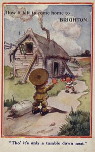 Tecknad propagandavykort av liten pojkesoldat som återvänder till flickan och förstört hem av English School