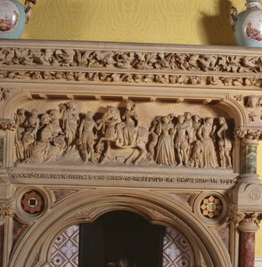 Sniden öppen spis i salongen, föreställande Elizabeth I som hälsades av Earl of Hereford 1591, 1500-talet av English School