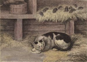 Katt och möss i en lada (tonad gravyr)