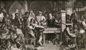 Caxton (ca 1422-91) visar exemplar av hans tryckning för kung Edward IV vid Almonry i Westminster, 1858 av English School