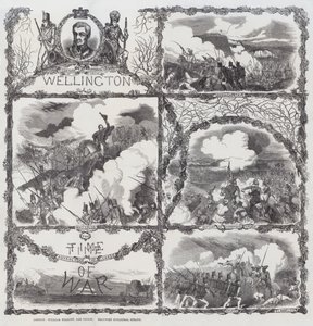 Hertigen av Wellingtons segrar vid belägringen av Seringapatam (1799), nederlaget vid Dhondia Wagh (1800), slaget vid Assaye (1803) och slaget vid Waterloo (1815) (gravyr) av English School
