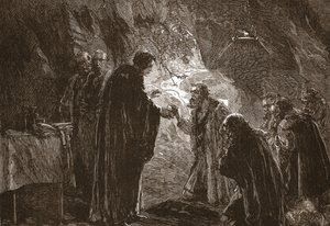 Firande av nattvarden av Calvin och hans andra protestanter i grottan vid Poictiers, illustration från The History of Protestantism av James Aitken Wylie (1808-1890), pub. 1878 av English School