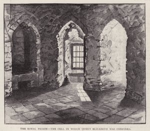 Cell i Towern i London där den framtida drottningen Elizabeth I fängslades 1554 under hennes halvsyster Mary I:s regeringstid (litho) av English School
