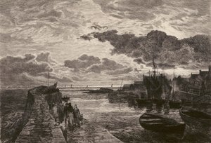 Cellardyke Harbour, etsad av Chauvel, efter Sam Bough (litografi) av English School