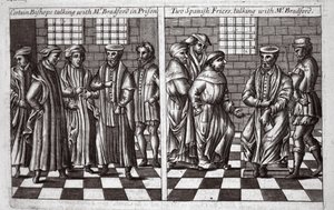 Vissa biskopar pratar med Mr Bradford i fängelset och Two Spanish Friers som pratar med Mr Bradford, illustration från Acts and Monuments av John Foxe, nionde upplagan, pub. 1684 av English School