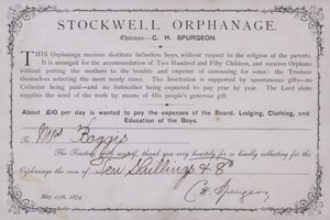 Tackbevis för en donation till Stockwell Orphanage, London, 1874 av English School