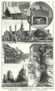 Chained Bible, Lingfield; Öppen spis, Sackville College; Sackville College; Mellersta raden; I Ashurst Wood; Brambletye Castle (gravyr) av English School