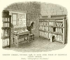 Chained Library, grundat 1598, i Room over Porch of Grantham Parish Church av English School
