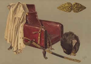 Stol och mantel av fältmarskalk hertigen av Wellington, med björnskinn och grenadjärgardets svärd (chromolitho) av English School
