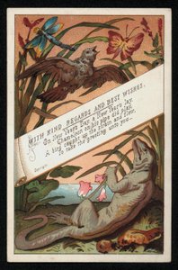 Kameleont med vers och en fågel, hälsningskort för nyår. (chromolitho) av English School