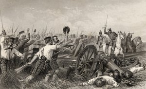 Highlanders anklagelse före Cawnpore under general Havelock, från "The History of the Indian Mytery", publicerad 1858 av English School