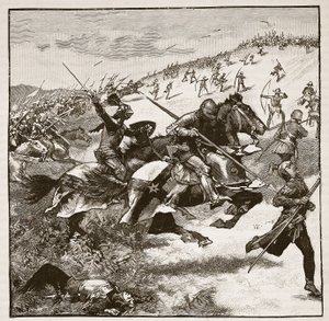 Charge of the Scots at Homildon Hill, illustration från Cassells Illustrated History of England (sepiafoto) av English School