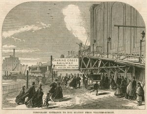 Charing Cross Station, London: Den tillfälliga ingången till stationen från Villiers Street av English School