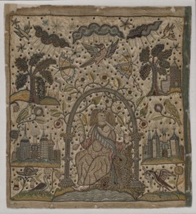 Välgörenhet under en båge, ca 1640 (silke, metalltrådar & spangles på satin) av English School