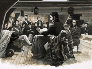 Charles Darwin seglar mot Galapagosöarna av English School