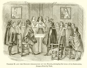 Karl II och de engelska ambassadörerna i Haag, ordnade villkoren för hans restaurering av English School