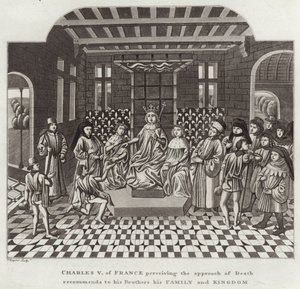 Charles V av Frankrike som uppfattar dödens närmande rekommenderar sina bröder sin familj och kungarike av English School
