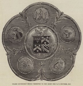 Chased Silver-Gilt Shield presenteras för den högra ärade E P Bouverie, MP (gravyr) av English School