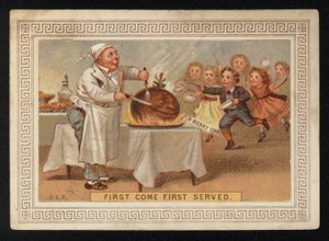 Kocken snida upp en plommonpudding, julhälsningskort. (chromolitho) av English School