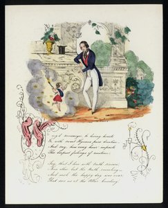 Kerub levererar ett kärleksbrev till en man i en trädgård (färg litho) av English School