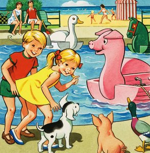 Kinder und Bauernhoftiere neben einem Tretbootteich