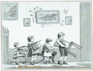 Barn som bär stol och pallar, julkort av English School