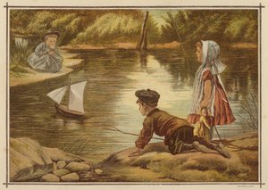 Barn som sjösätter en modellyacht (färg litho) av English School