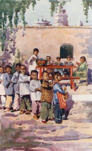 Barn i Kina: Barn vid matbordet och på lekplatsen (färglitografi) av English School