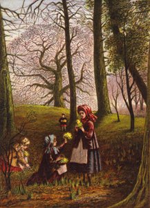 Barn plockar blommor i skogen (färglitografi) av English School