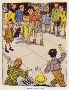 Barn som spelar cricket på gatan (färg litho) av English School