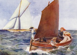 Barn som seglar och tittar på en passerande yacht (färg litho) av English School