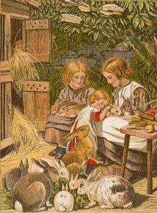 Barn med sina kaniner (färglitografi) av English School