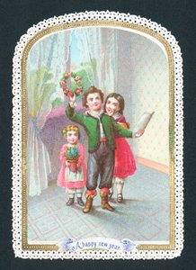 Barn med krans och blommor, nyårskort av English School