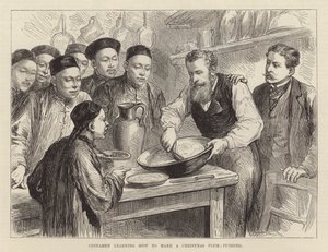 Kineser lär sig hur man gör en plumpudding till jul (gravyr) av English School