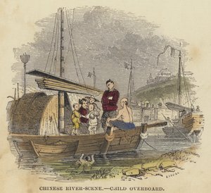 Kinesisk flodscen, barn överbord (färgad gravyr) av English School