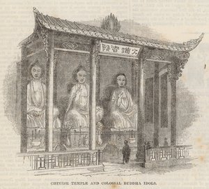 Kinesiskt tempel och kolossala Buddha-idoler av English School