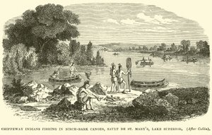 Chippeway-indianer som fiskar i björkbark-kanoter, Sault de St Marys, Lake Superior av English School