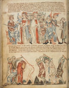 Kristus inför Herodes och inför Pilatus; Herodes tvättar sina händer; Kristi flagellation, Add. 47682, f.30v, c.1320-30 (vellum) av English School