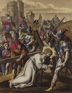 Kristus svimmar under korset (färg litho) av English School