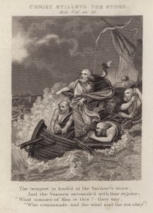 Kristus stillar stormen, Matteus VIII, ver 26 (gravyr) av English School