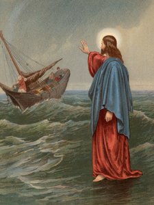 Kristus går på havet, St John, VI, 20 (färg litho) av English School