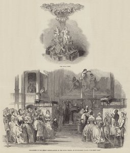 Dop av spädbarnet Prince Arthur, i det kungliga kapellet, på Buckingham Palace (gravyr) av English School