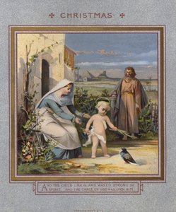 Julkort: Jesus leker med en duva, övervakad av sina föräldrar (chromolitho) av English School