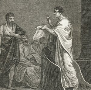 Cicero anklagar Catiline i senatsbyggnaden (gravyr) av English School