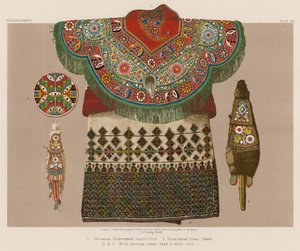 Circassian broderad sadelduk; Broderad klänning, Grekland; North American Indian pärl- och halmarbete av English School