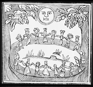 Circle of Witches Dancing Beneath a Full Moon, illustration från en samling kapböcker om esoterica av English School