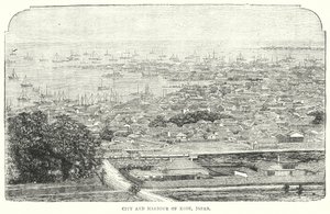 Stad och hamn i Kobe, Japan (gravyr) av English School