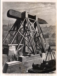 Cleopatras Needle: Maskineriet för att placera obelisken på Themsen Embankment, 1878 av English School